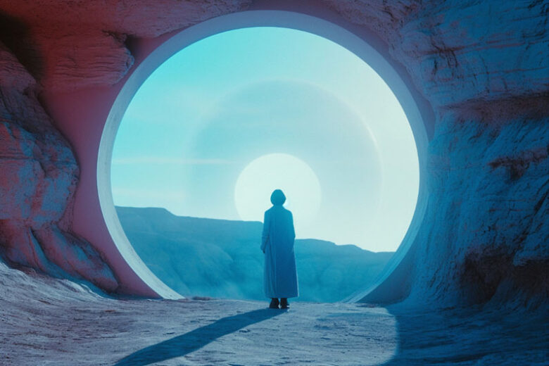 A woman, in a light cape, stands before a circular rock opening, gazing at mountains, symbolizing reconnecting with life purpose despite challenges.