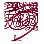 Illustration of dark red tangled lines, with one line unraveling and a small human figure following that path out of the tangle, symbolizing the exit from Prolonged Grief Disorder.