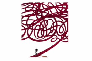 Illustration of dark red tangled lines, with one line unraveling and a small human figure following that path out of the tangle, symbolizing the exit from Prolonged Grief Disorder.