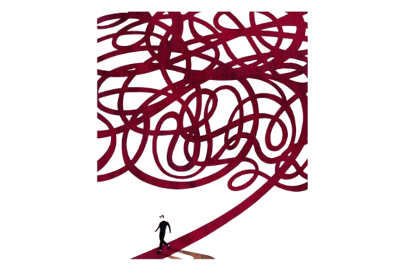 Illustration of dark red tangled lines, with one line unraveling and a small human figure following that path out of the tangle, symbolizing the exit from Prolonged Grief Disorder.