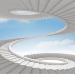 An intricate, endless white spiral staircase against a clear blue sky, symbolizing the winding journey through the Stages of Grief.