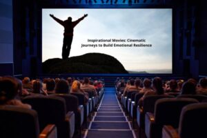 Audience in a movie theater watching a large screen display the title 'Inspirational Movies: Cinematic Journeys to Build Emotional Resilience' alongside a silhouette of a person with outstretched arms on a mountain peak, symbolizing triumph and aspiration.