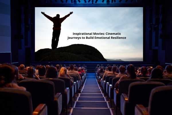 Audience in a movie theater watching a large screen display the title 'Inspirational Movies: Cinematic Journeys to Build Emotional Resilience' alongside a silhouette of a person with outstretched arms on a mountain peak, symbolizing triumph and aspiration.