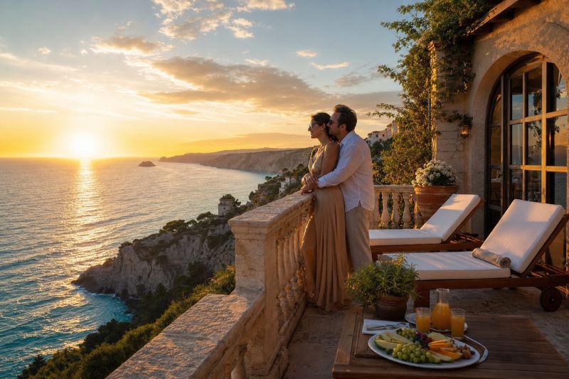 Couple on a villa balcony by the sea at sunset.